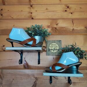 Diba Valeda 2524 Brown Leather Metallic Thong Heeled Slip On Sandal Shoes Sz 10M